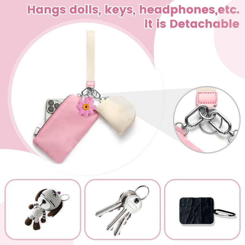 EKOLE Store Mini Zip Around Wristlet Keychain Wallet for Women Detachable Dual Pouch Wristlet Portable Phone Coin Purse Coin Pocket (Pink+White) - Image 5